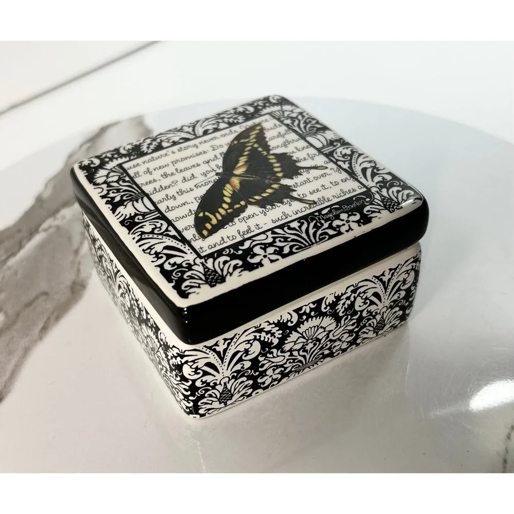 Swallowtail Butterfly ceramic Trinket Jewelry Box Black and White Demdaco